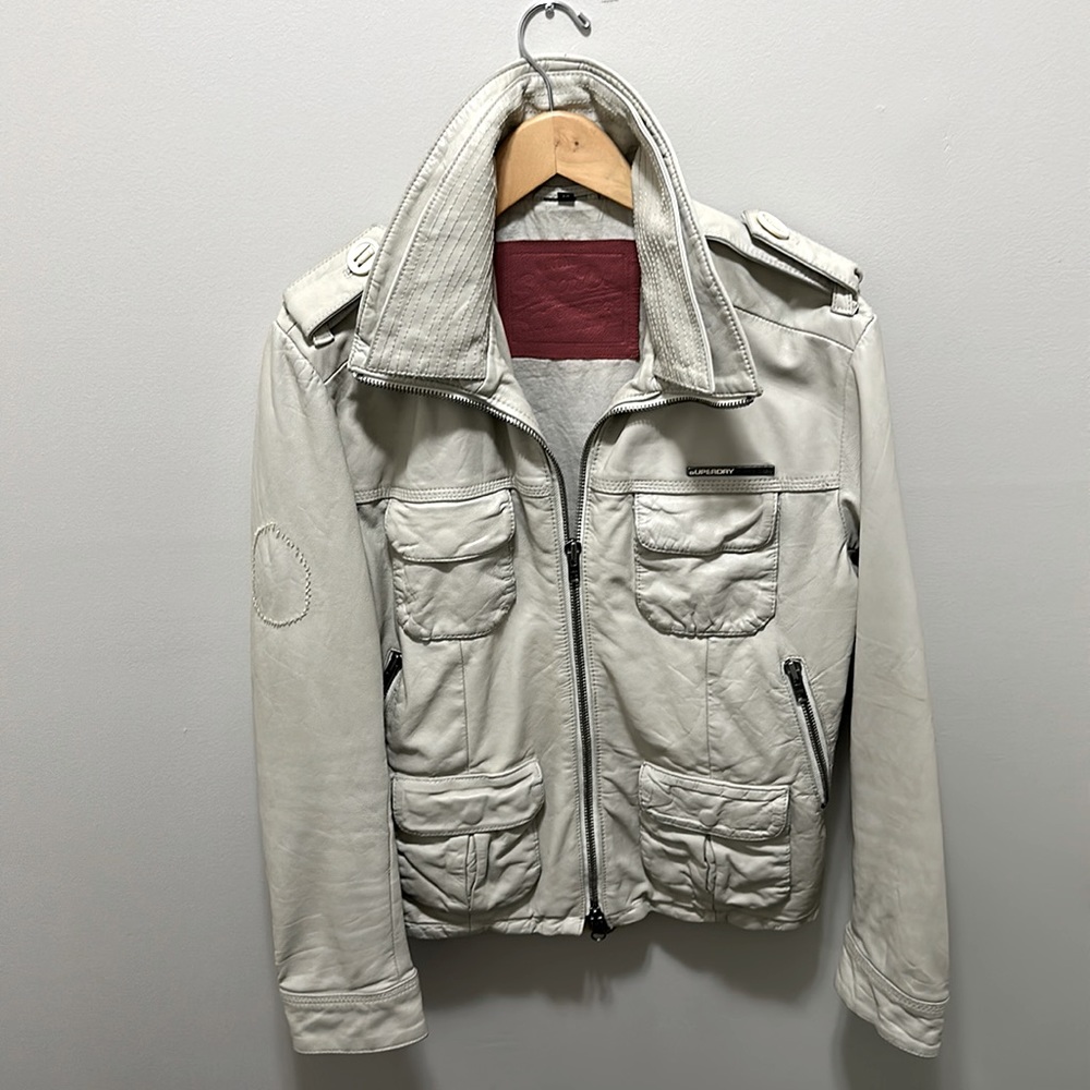 SuperDry Leather Jacket Unisex Color: Off White, Size: Medium